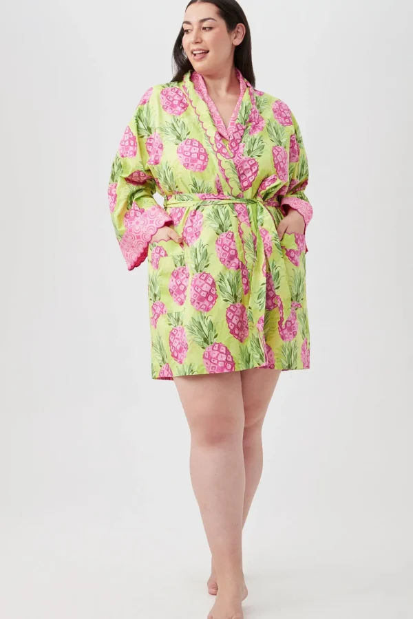 Women Trina Turk Kiwi Pineapple Women'S Long Sleeve Short Scallop Poplin Robe