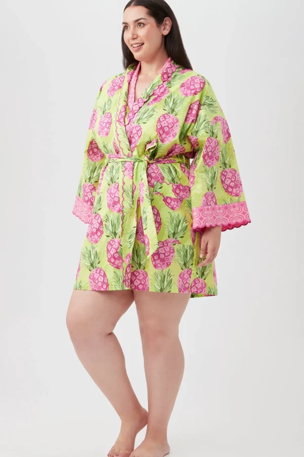 Women Trina Turk Kiwi Pineapple Women'S Long Sleeve Short Scallop Poplin Robe