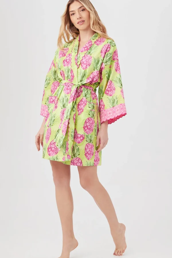 Women Trina Turk Kiwi Pineapple Women'S Long Sleeve Short Scallop Poplin Robe