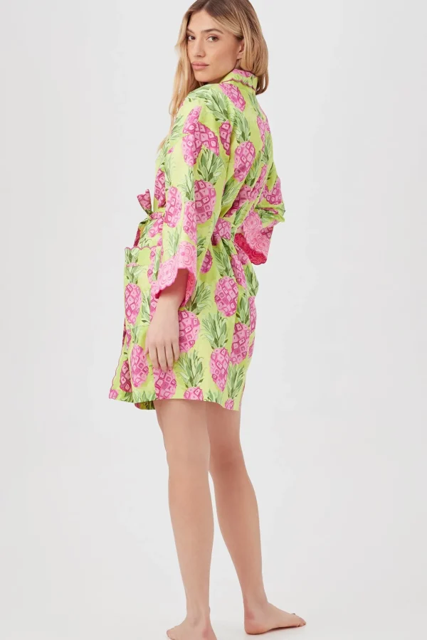Women Trina Turk Kiwi Pineapple Women'S Long Sleeve Short Scallop Poplin Robe