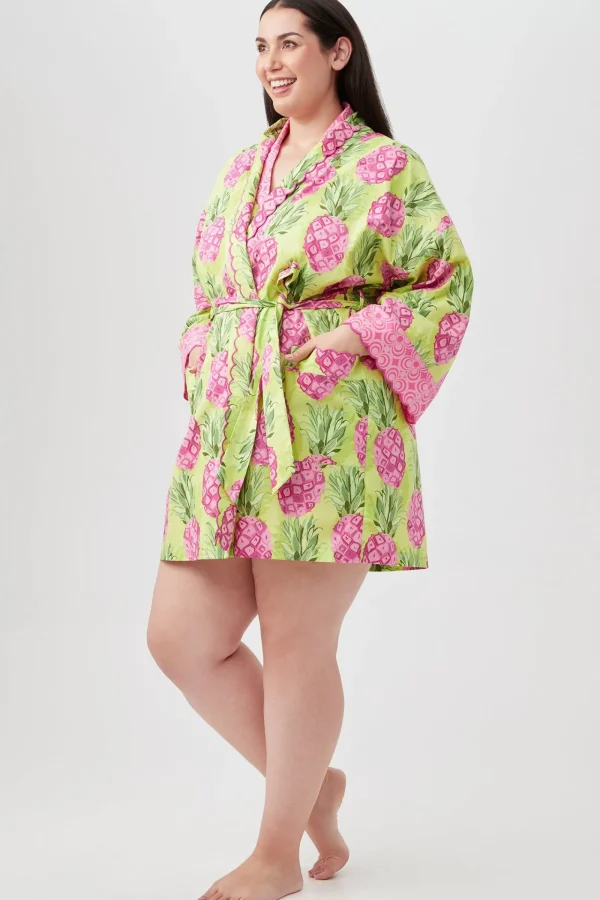 Women Trina Turk Kiwi Pineapple Women'S Long Sleeve Short Scallop Poplin Robe
