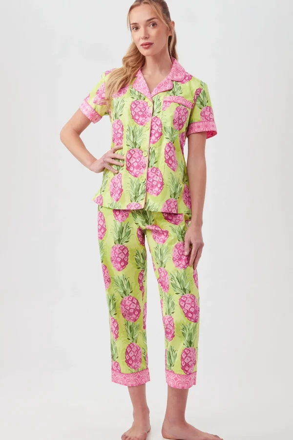 Women Trina Turk Kiwi Pineapple Women'S Short Sleeve Cropped Pant Poplin Pj Set
