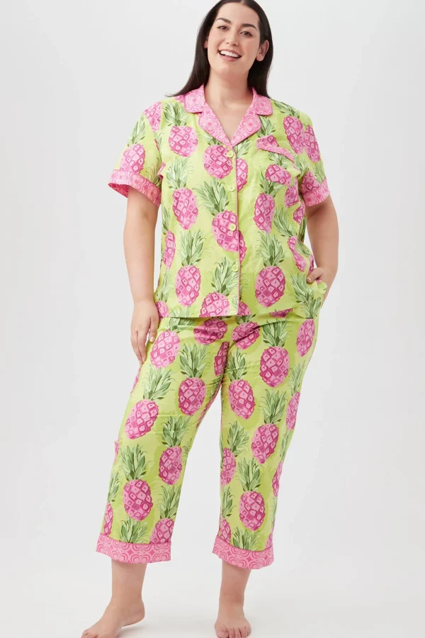Women Trina Turk Kiwi Pineapple Women'S Short Sleeve Cropped Pant Poplin Pj Set