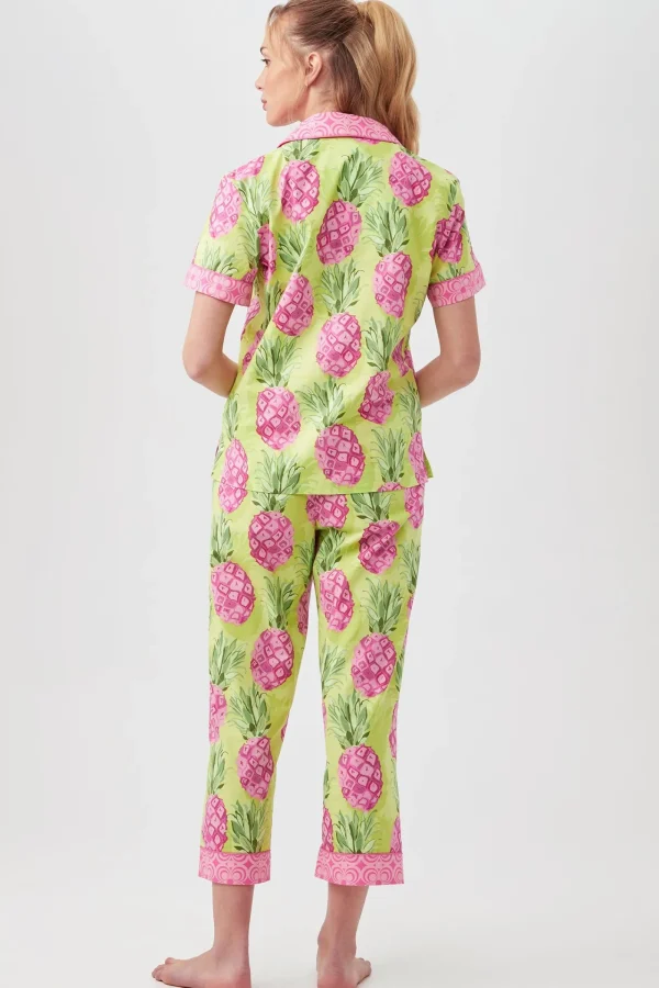 Women Trina Turk Kiwi Pineapple Women'S Short Sleeve Cropped Pant Poplin Pj Set