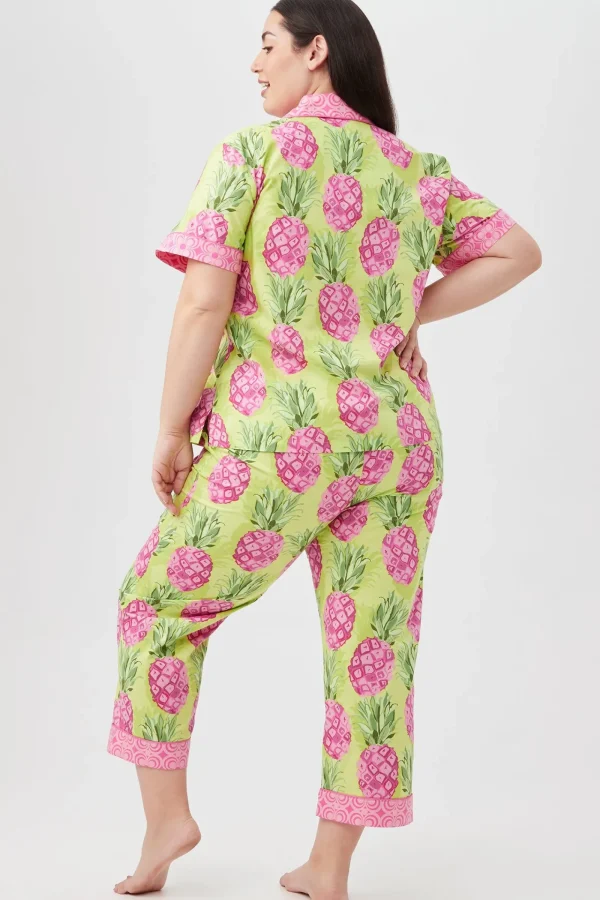 Women Trina Turk Kiwi Pineapple Women'S Short Sleeve Cropped Pant Poplin Pj Set