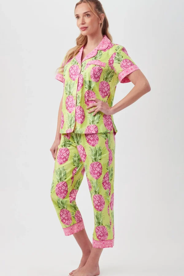 Women Trina Turk Kiwi Pineapple Women'S Short Sleeve Cropped Pant Poplin Pj Set