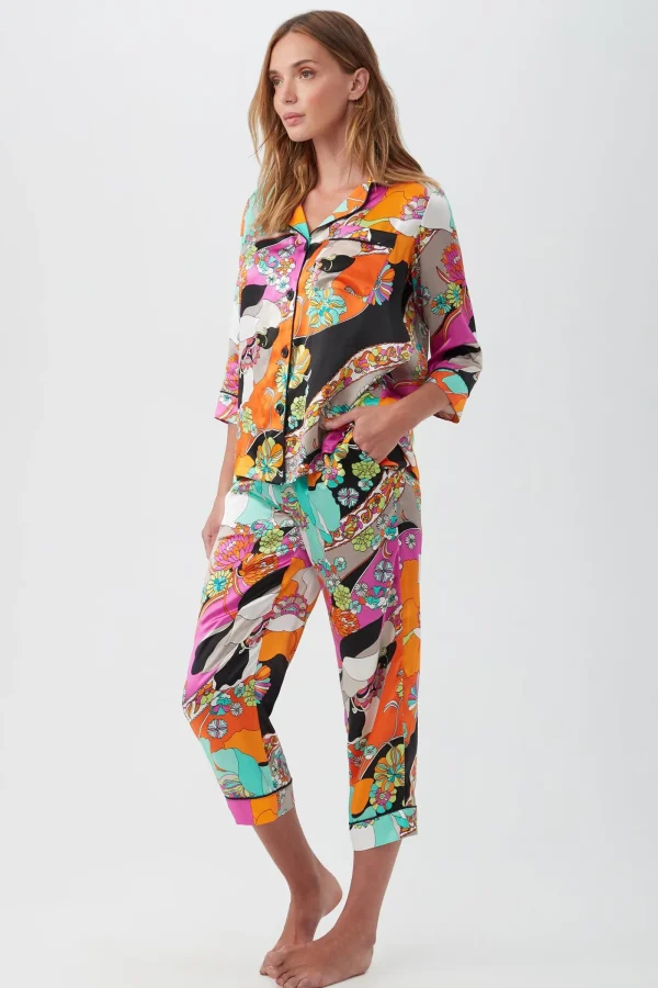 Women Trina Turk Skipper Swirl Women'S 3/4-Sleeve Cropped Pant Silk Pj Set